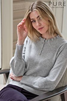 Pure Collection Grey Cashmere Frill Neck Jumper (AG5223) | $274