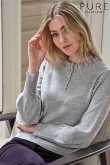 Pure Collection Grey Cashmere Frill Neck Jumper (AG5223) | $274