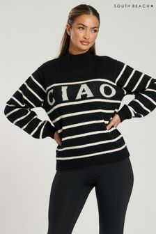 South Beach Black Funnel Neck Slogan Striped Knit Jumper (AG5460) | €60