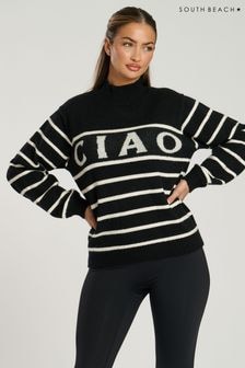 South Beach Black Funnel Neck Slogan Striped Knit Jumper (AG5460) | $67