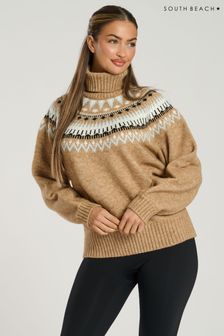 South Beach Brown Roll Neck Jaquard Knit Jumper (AG5462) | 287 SAR