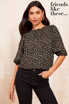 Friends Like These Black Polka Dot Round Neck Shirred Cuff 3/4 Sleeve Top (AG9350) | $55