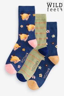 Wild Feet Blue Highland Cow Socks 3 Pack (AH6502) | HK$144