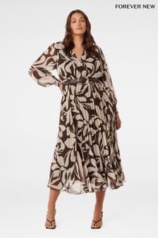 Forever New Brown Saskia Curve Pleated Wrap Midi Dress (AH6745) | €146