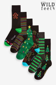 Wild Feet Black Christmas Socks 6 Pack (AH6785) | kr340