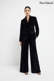 River Island Black Velvet Wide Leg Trousers (AJ3528) | $67