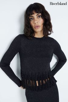 River Island Black Long Sleeve Fringe Jumper (AJ3575) | KRW85,400