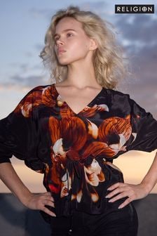 Religion Black Spell Top With Burnt Flower Placement Print And Tassle Tie Waist (AJ3633) | $111