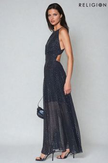 Religion Lapis Halter Neck In Gunmetal Jaquard Spot On Maxi Dress (AJ3644) | 60 ر.ع