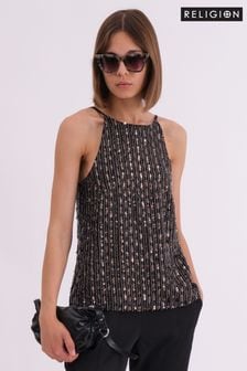 Religion Black Lucy Bodice Halter Neck Top With Hand Beading (AJ3671) | $141