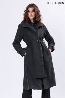 Religion Grey Limit Wool Mix Belted Coat With Zip up Funnel Collar and Draped Second Layer (AJ4624) | €229