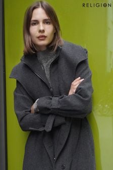 Religion Grey Limit Wool Mix Belted Coat With Zip up Funnel Collar and Draped Second Layer (AJ4624) | $334