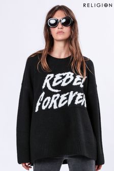 Religion Black Oversized Rebel Forever Jumper in Soft Yarn (AJ4664) | $146