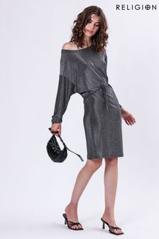 Religion Metallic Off The Shoulder Tanzanite Midi Dress In Slinky Lurex (AJ4671) | $83