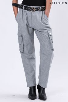 Religion Grey Innocent Wool Flannel Utility Style Cargo Trousers With Patch Pockets (AJ4675) | €105