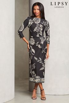 Lipsy Monochrome Printed Tie Side Jersey Midi Dress (AJ6173) | $82