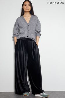 Monsoon Black Shay Rib Velour Wide Leg Trousers (AJ6277) | Kč2,180