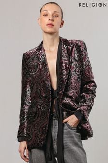 Religion Black Oberon Velvet Blazer With Vintage Style Burnout Print (AJ6316) | 915 zł