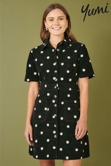 Yumi Black Daisy Embroidered Cord Shirt Dress (AJ6358) | $111