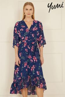 Yumi Blue Floral Kimono Dipped Hem Dress (AJ6360) | SGD 126