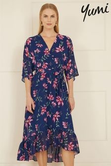 Yumi Blue Floral Kimono Dipped Hem Dress (AJ6360) | $111