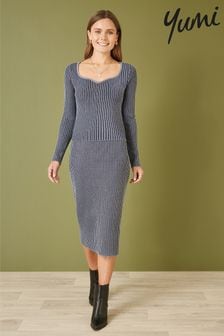 Yumi Blue Ribbed Knitted Midi Skirt (AJ6365) | €71