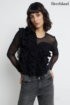 River Island Black Frill Long Sleeve Bodysuit (AJ6497) | €56