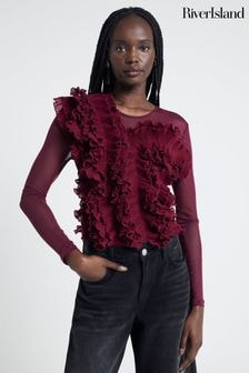 River Island Burgundy Frill Long Sleeve Bodies (AJ6505) | $72