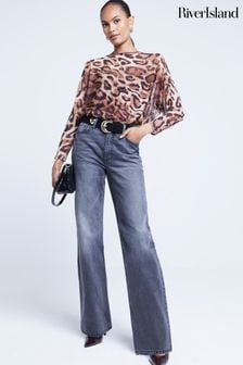 River Island Brown Long Sleeve Leopard Print Batwing Bodysuit (AJ6512) | €43