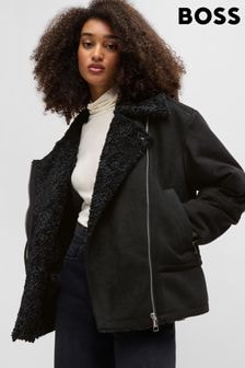 BOSS Black Faux Shearling Coat in Faux Suede (AJ8619) | $667