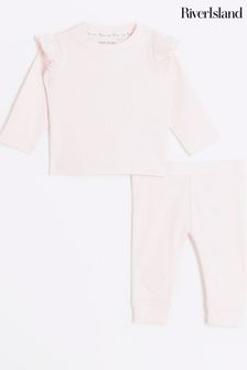 River Island Pink Baby Girls Frill Heart Rib  Top and Leggings Set (AJ9988) | $22