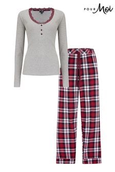 Pour Moi Rib Jersey Lace Trim Henley Top And Check Trousers Pyjamas Set (AK0980) | €58