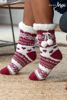 Pour Moi Red Cosy Cable Knit Lined Slippers Socks (AK1035) | $33