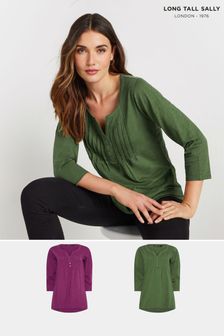 Rosa - Long Tall Sally 3/4 Sleeve Pintuck Henley 100% Cotton Tops 2 Pack (AK3452) | kr820