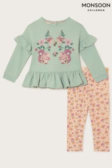 Monsoon Green Baby Animal Print Applique Top and Floral Leggings Set (AK3804) | LEI 167 - LEI 191