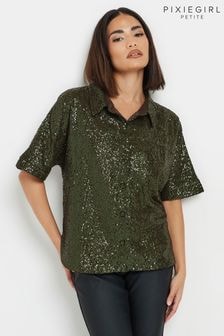 PixieGirl Petite Green Short Sleeve Sequin Shirt (AK6339) | $58