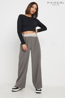 PixieGirl Petite Grey Contrast Waist Wide Leg Trousers (AK6402) | $67