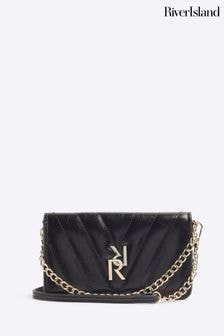 River Island Black Black Chain Strap Crossbody Quilted Purse (AL3146) | $43