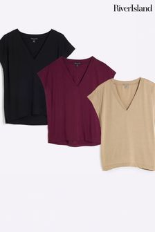 River Island Burgundy V-Neck T-Shirts 3 Pack (AL3318) | $82