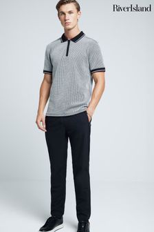 River Island Grey Slim Fit Jacquard Half Zip Polo Shirt (AL3349) | $51