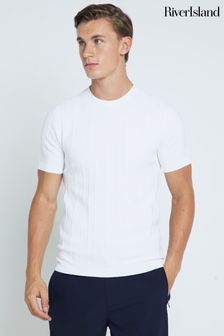 River Island White Herringbone Muscle Fit Knit 100% Cotton T-Shirt (AL3353) | 176 SAR