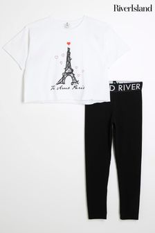 River Island White Girls Eiffel Tower 100% Cotton T-Shirt and Legging Set (AL3884) | $43