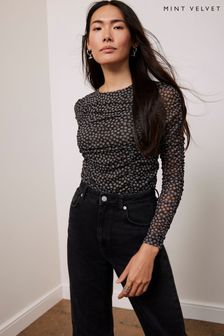 Mint Velvet Black Neutral Polka Dot Ruched Mesh Top (AL5179) | €83