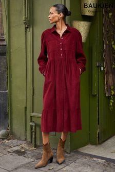 Baukjen Burgundy Red Philippa Corduroy Midi Cotton Dress (AL5589) | $290