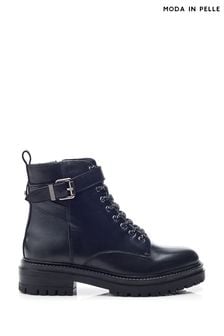 Moda In Pelle Omola Chunky Leather Ankle Black Boots With Lace Up Front And Buckle Strap (AL6180) | 152 €