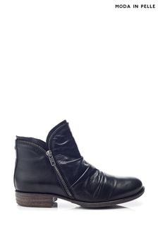 Moda In Pelle Orelie Exposed Zip Rouched Leather Ankle Black Boots (AL6184) | 770 LEI