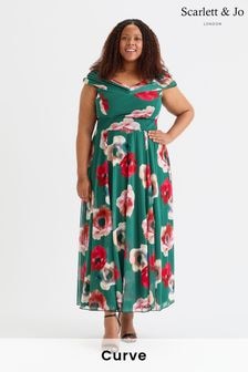 Scarlett & Jo Green Bardot Teal Red Print Maxi Dress (AL6444) | $163