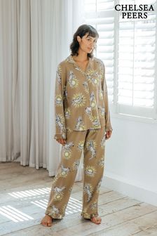 Chelsea Peers Brown Organic Cotton Celestial Zebra Frill Long Pyjama Set (AL7293) | $94