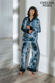 Chelsea Peers Blue Tie Dye Velour Gold Foil Moons & Stars Long Pyjama Set (AL7338) | 115 €