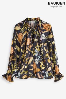 Baukjen Jasmine Printed Tie Neck Satin Black Blouse (AL7392) | $221